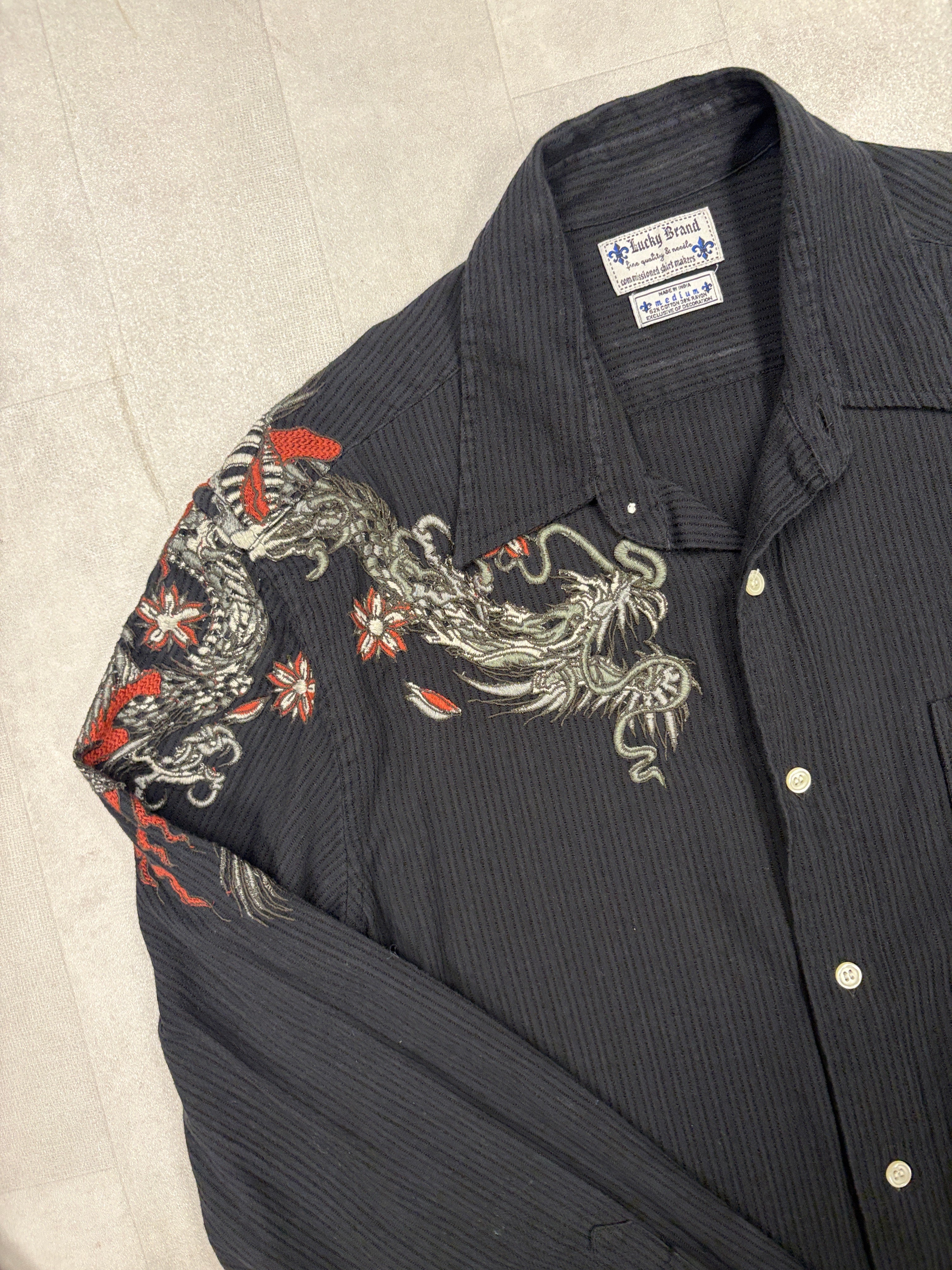 Y2K Lucky Brand Dragon Embroidered Button Up Shirt - MEDIUM