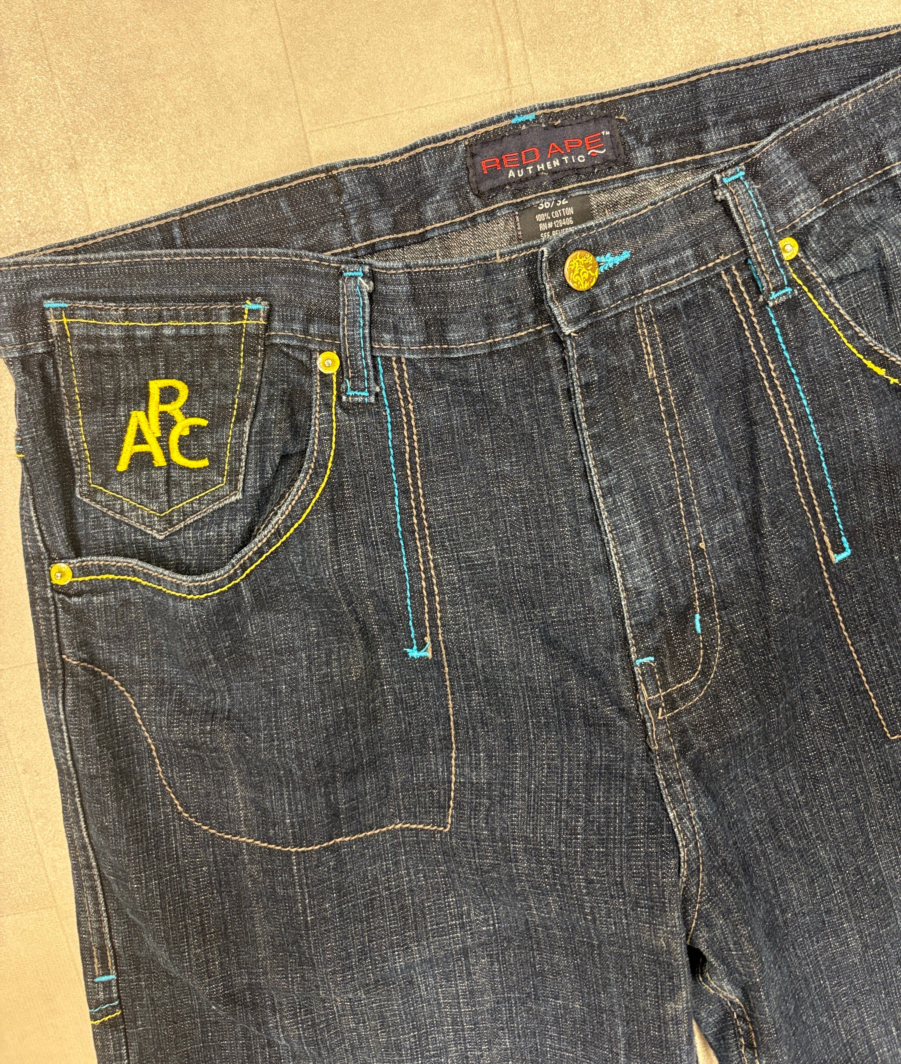 Y2K Red Ape Embroidered Denim Jeans - 36x32