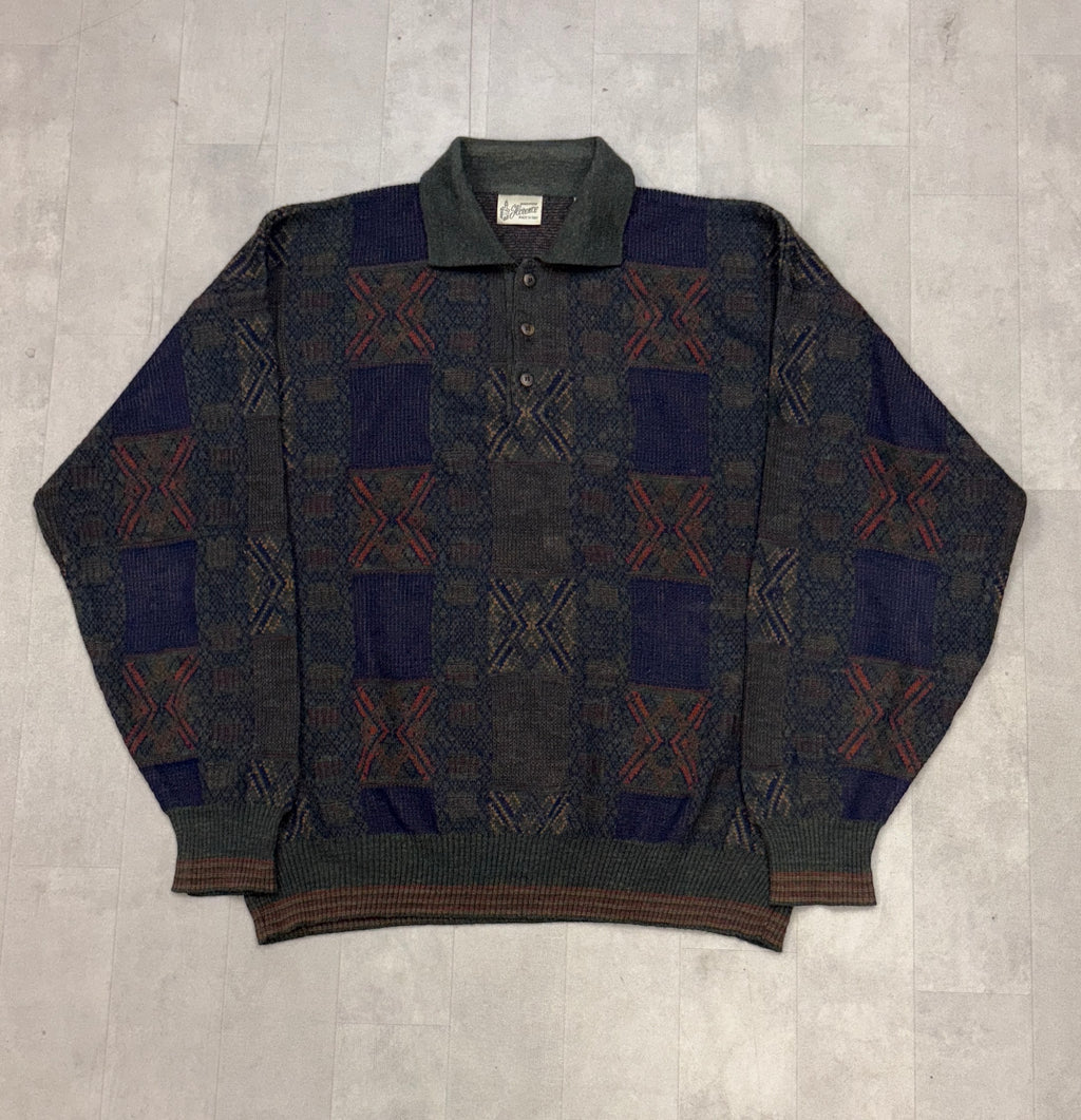 Vintage Patterned Collard Sweater - LARGE
